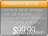 Premium Hosting Plan: Up to 5 GB of Storage, 100 GB Transfer, Up to 25 Email Accounts, Urchin Web Statistics for $99.99/Month